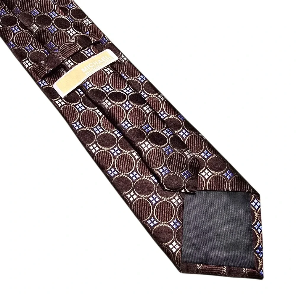 Michael Kors Silk Luxury Tie Black Blue Tan Brown Geometric Circles Men‎ Necktie